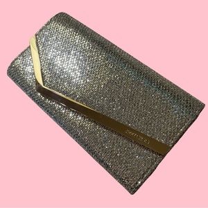 Jimmy Choo - Emmie Clutch, Glitter Fabric in Champagne. New. SOLD OUT.